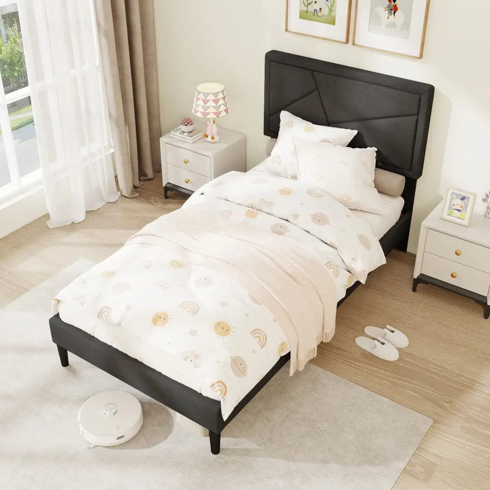 Twin/Full/Queen Size Upholstered Platform Bed Frame with High Headboard-Twin - Gray - Simple Bed Frame