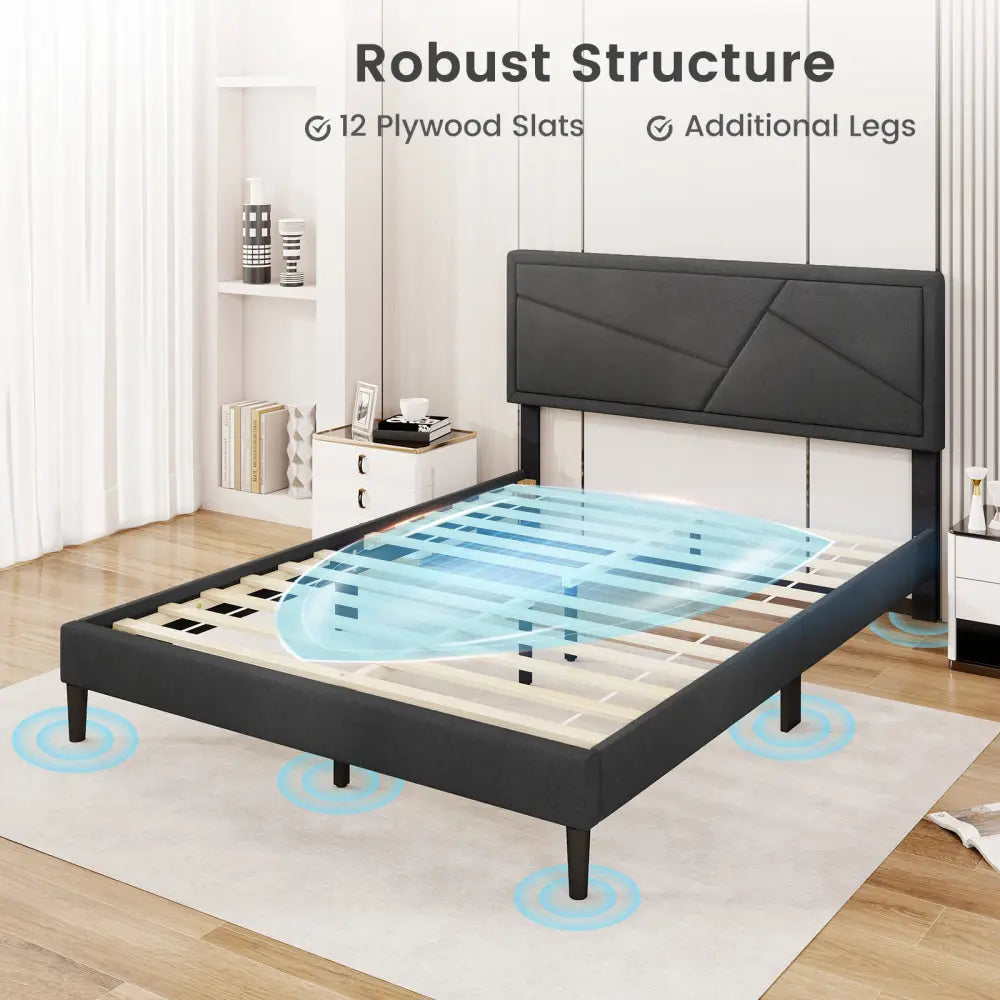 Twin/Full/Queen Size Upholstered Platform Bed Frame with High Headboard-Queen Size - Gray - Simple Bed Frame