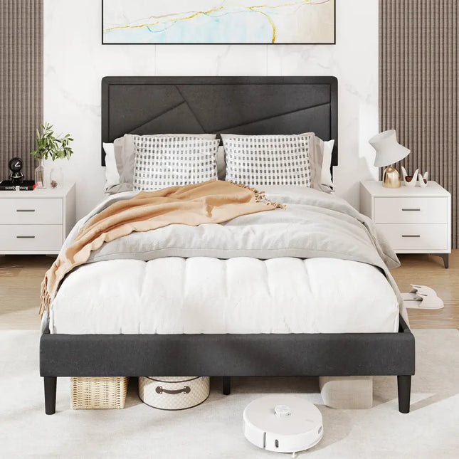Twin/Full/Queen Size Upholstered Platform Bed Frame with High Headboard-Full Size - Gray - Simple Bed Frame