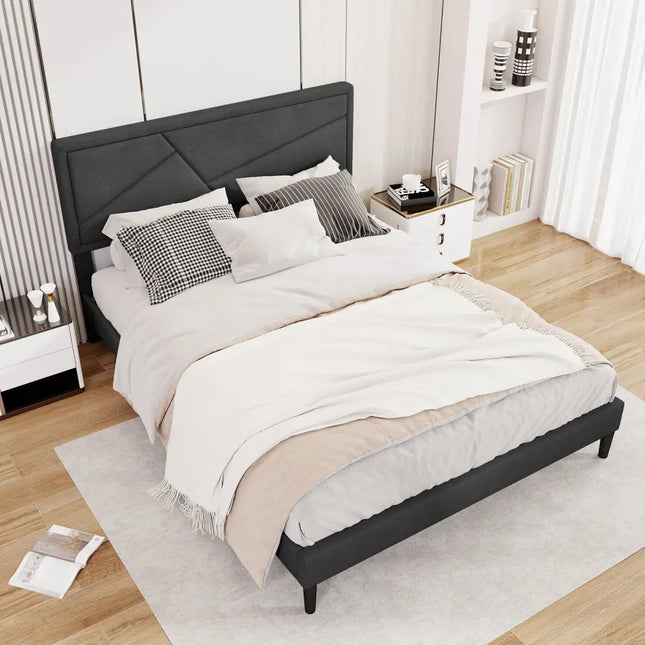 Twin/Full/Queen Size Upholstered Platform Bed Frame with High Headboard-Queen Size - Gray - Simple Bed Frame