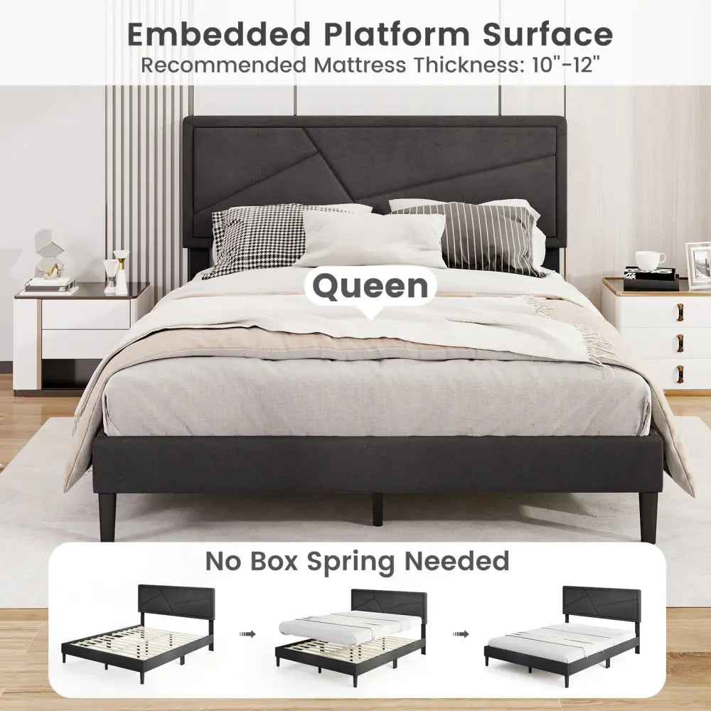 Twin/Full/Queen Size Upholstered Platform Bed Frame with High Headboard-Queen Size - Gray - Simple Bed Frame