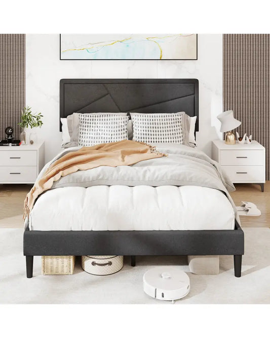 Twin/Full/Queen Size Upholstered Platform Bed Frame with High Headboard-Full Size - Gray - Simple Bed Frame