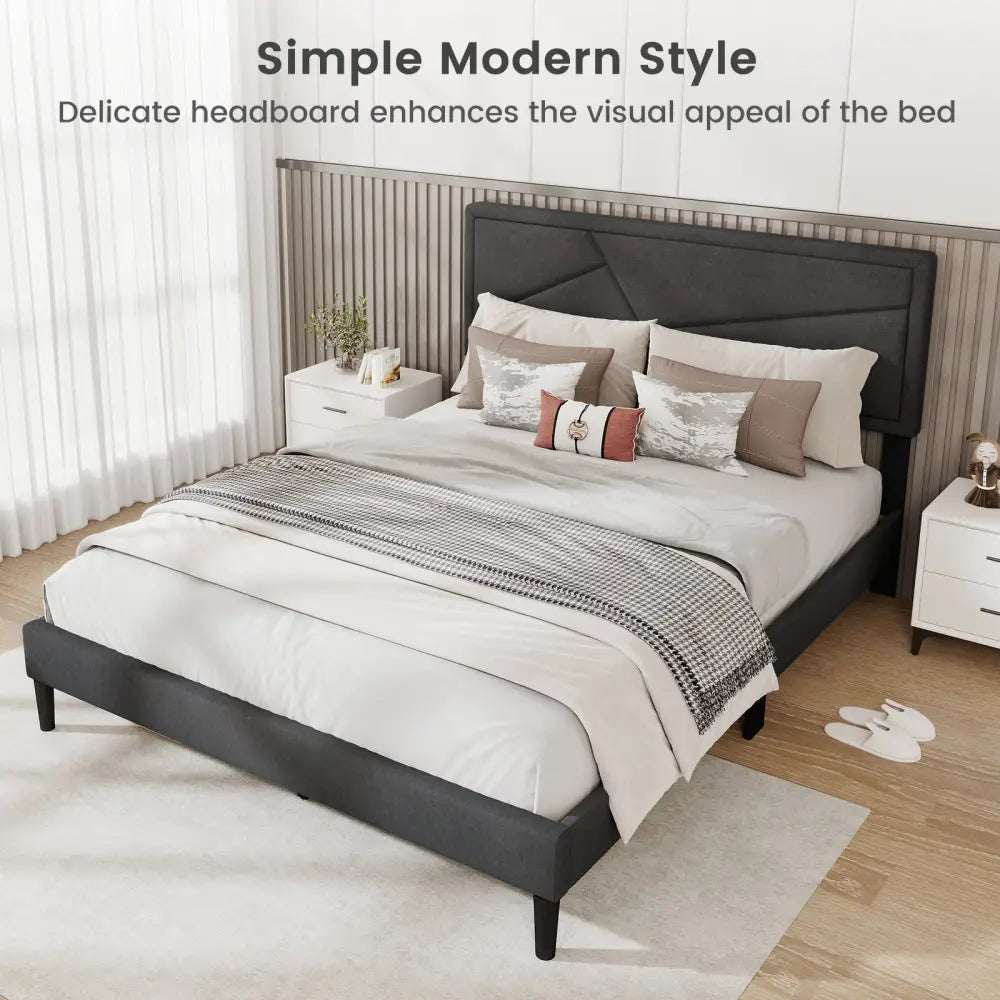 Twin/Full/Queen Size Upholstered Platform Bed Frame with High Headboard-Queen Size - Gray - Simple Bed Frame