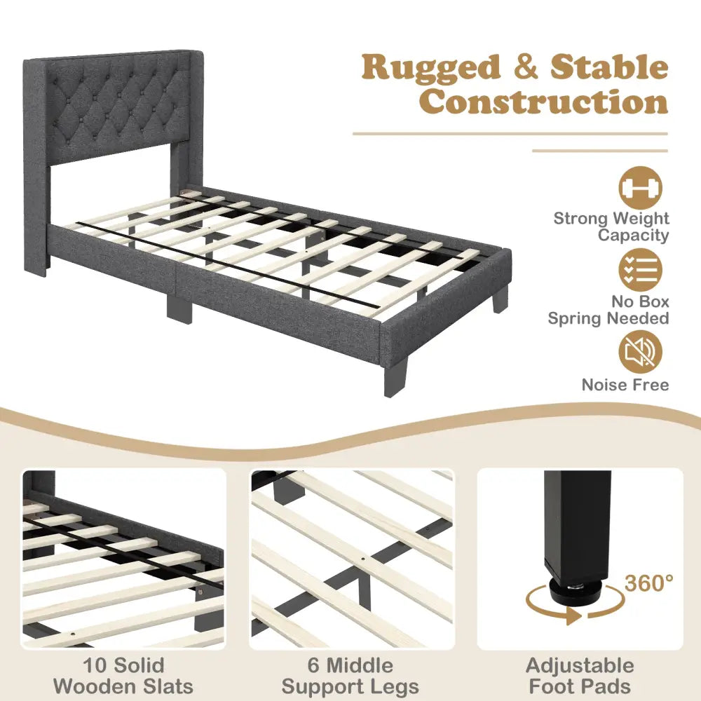 Twin/Full/Queen Size Upholstered Platform Bed with Button Tufted Headboard-Twin Size - Gray - Simple Bed Frame