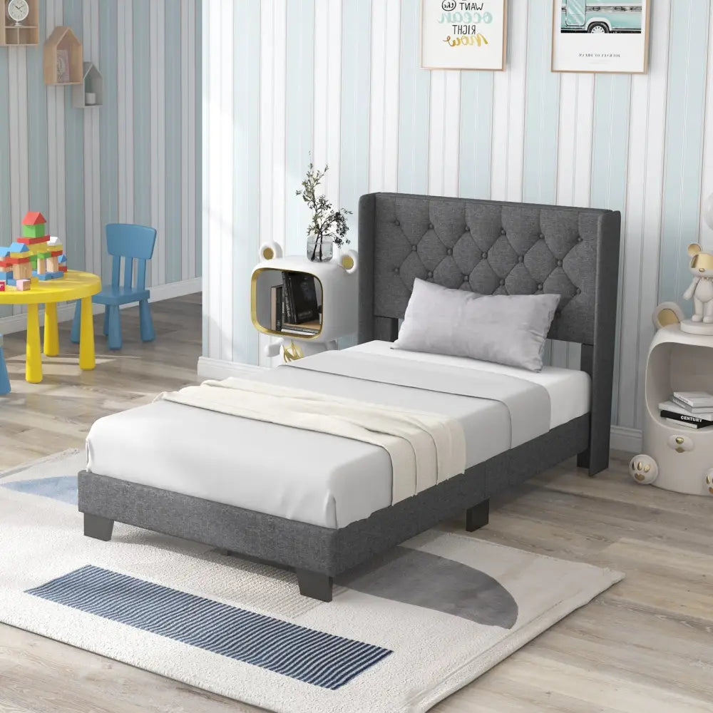 Twin/Full/Queen Size Upholstered Platform Bed with Button Tufted Headboard-Twin Size - Gray - Simple Bed Frame