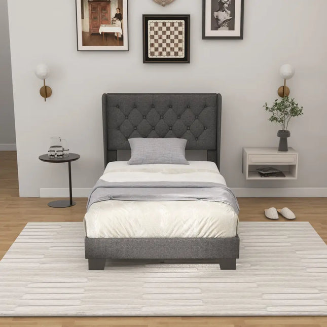 Twin/Full/Queen Size Upholstered Platform Bed with Button Tufted Headboard-Twin Size - Gray - Simple Bed Frame