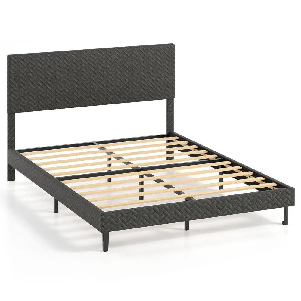 Twin/Full/Queen Size Velvet Bed Frame Upholstered Platform Bed with Chevron Headboard Gray-Queen - Simple Bed Frame