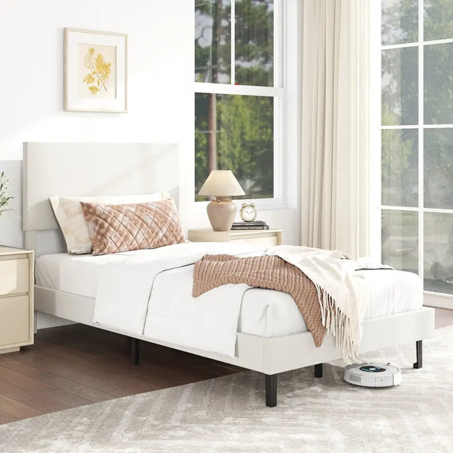 Twin/Full/Queen Size Velvet Bed Frame Upholstered Platform Bed with Chevron Headboard Beige-Twin - Simple Bed Frame