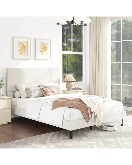 Twin/Full/Queen Size Velvet Bed Frame Upholstered Platform Bed with Chevron Headboard Beige-Full - Simple Bed Frame
