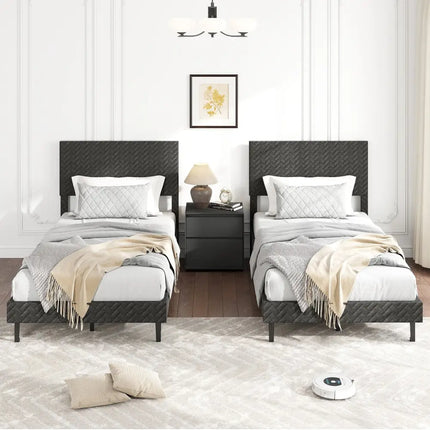 Twin/Full/Queen Size Velvet Bed Frame Upholstered Platform Bed with Chevron Headboard Gray-Twin - Simple Bed Frame