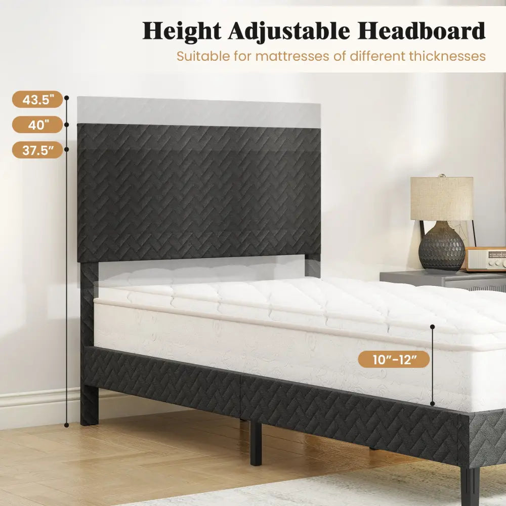 Twin/Full/Queen Size Velvet Bed Frame Upholstered Platform Bed with Chevron Headboard Gray-Twin - Simple Bed Frame
