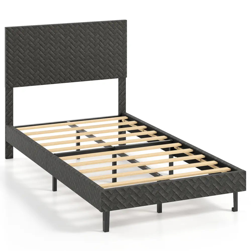 Twin/Full/Queen Size Velvet Bed Frame Upholstered Platform Bed with Chevron Headboard Gray-Twin - Simple Bed Frame