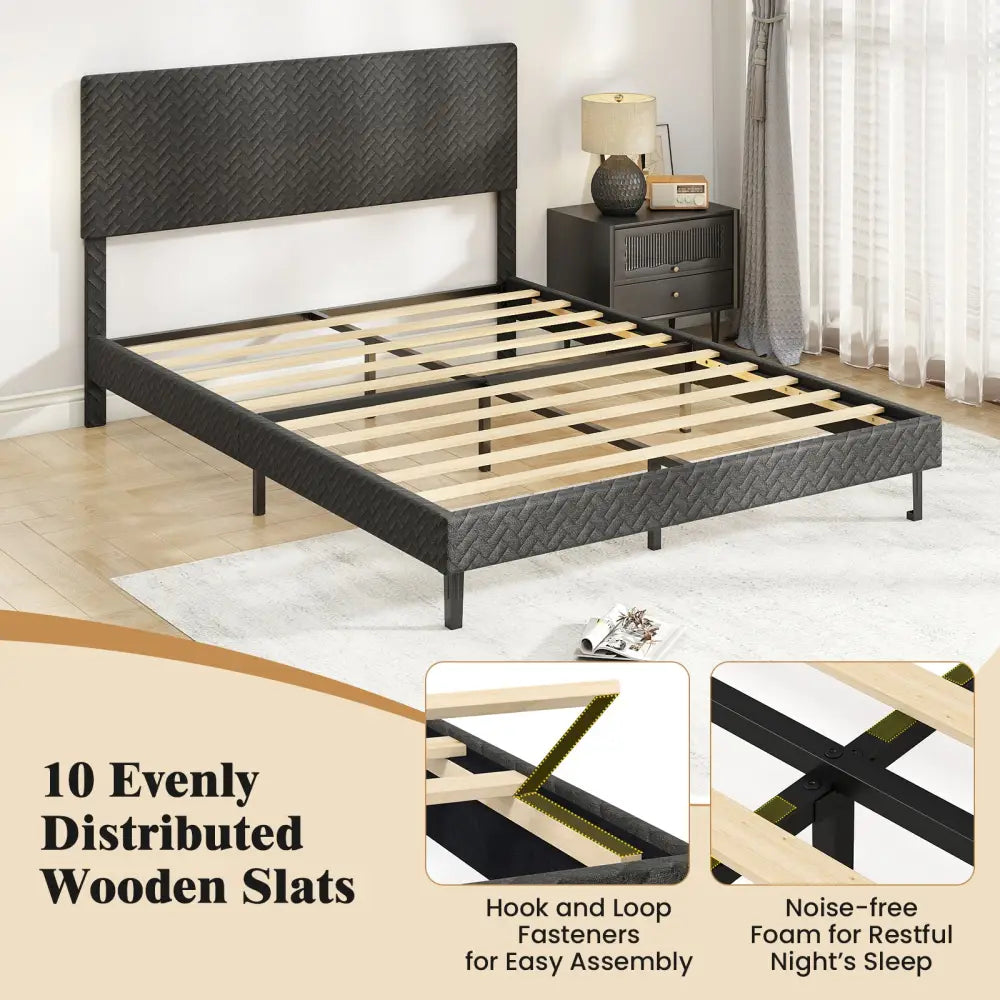 Twin/Full/Queen Size Velvet Bed Frame Upholstered Platform Bed with Chevron Headboard Gray-Queen - Simple Bed Frame