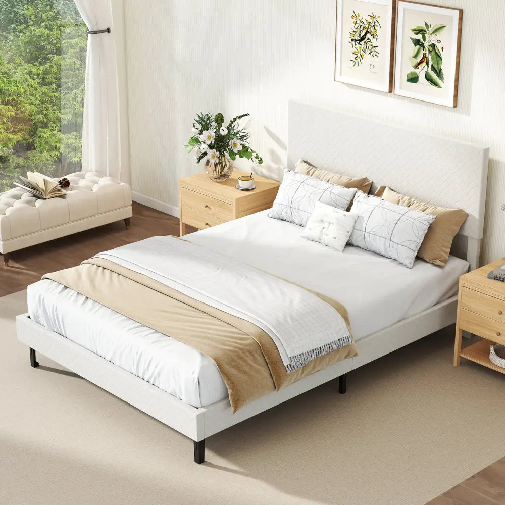 Twin/Full/Queen Size Velvet Bed Frame Upholstered Platform Bed with Chevron Headboard Beige-Full - Simple Bed Frame