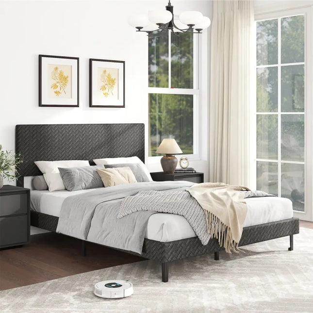 Twin/Full/Queen Size Velvet Bed Frame Upholstered Platform Bed with Chevron Headboard Gray-Queen - Simple Bed Frame