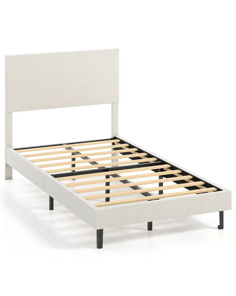Twin/Full/Queen Size Velvet Bed Frame Upholstered Platform Bed with Chevron Headboard Beige-Twin - Simple Bed Frame