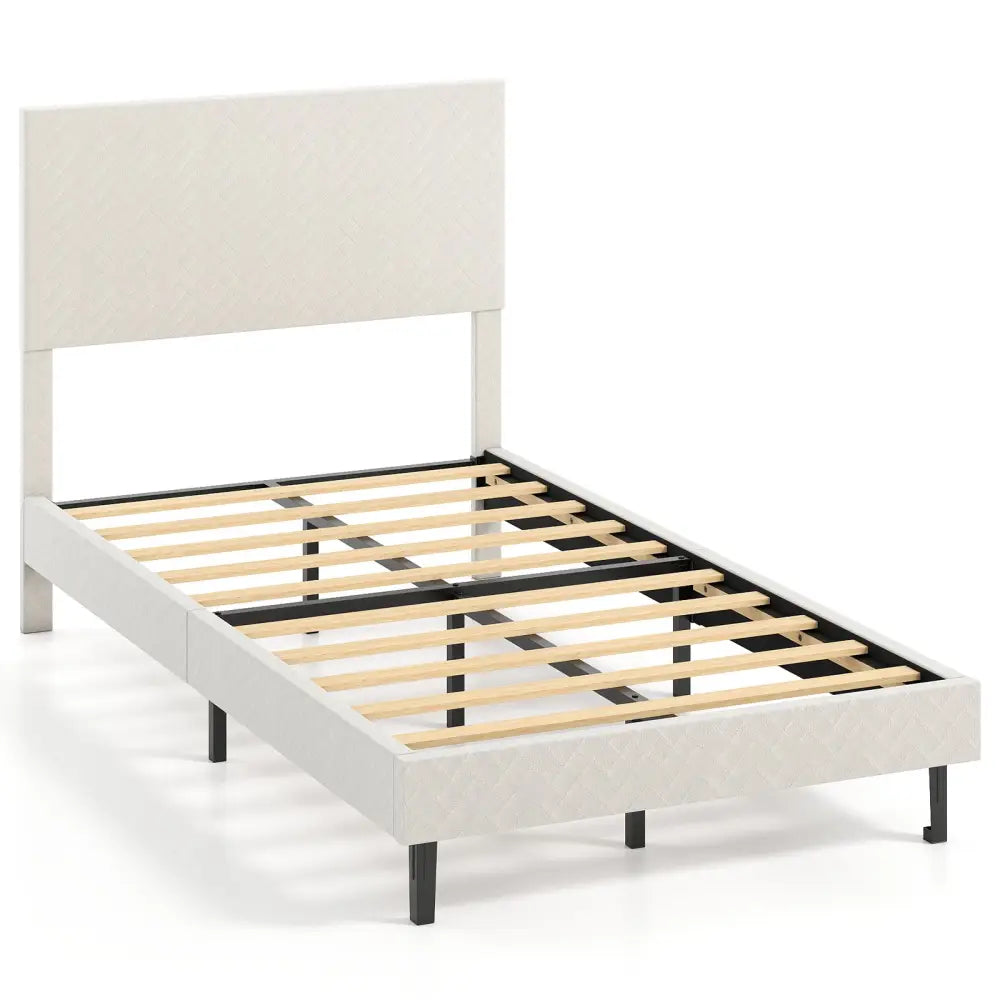 Twin/Full/Queen Size Velvet Bed Frame Upholstered Platform Bed with Chevron Headboard Beige-Twin - Simple Bed Frame