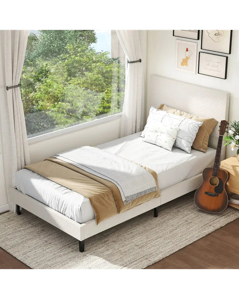 Twin/Full/Queen Size Velvet Bed Frame Upholstered Platform Bed with Chevron Headboard Beige-Twin - Simple Bed Frame
