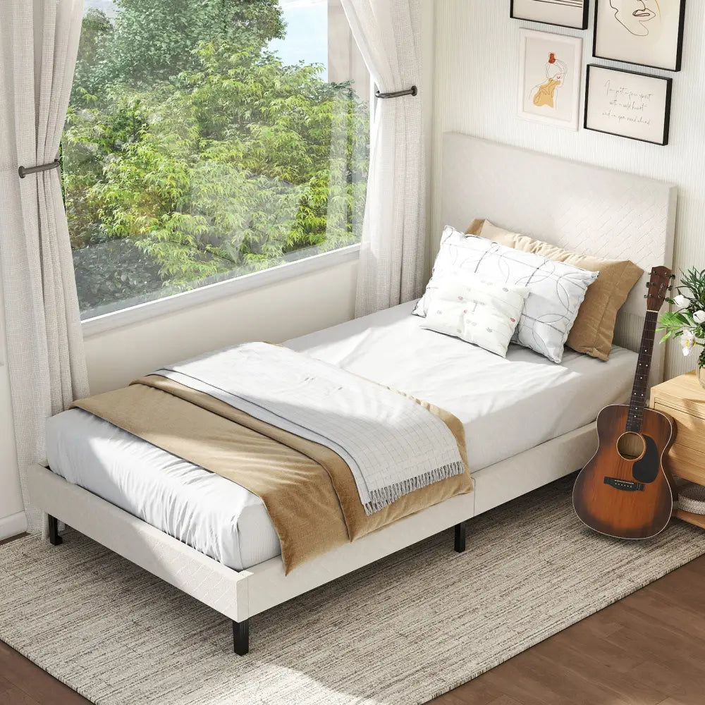 Twin/Full/Queen Size Velvet Bed Frame Upholstered Platform Bed with Chevron Headboard Beige-Twin - Simple Bed Frame
