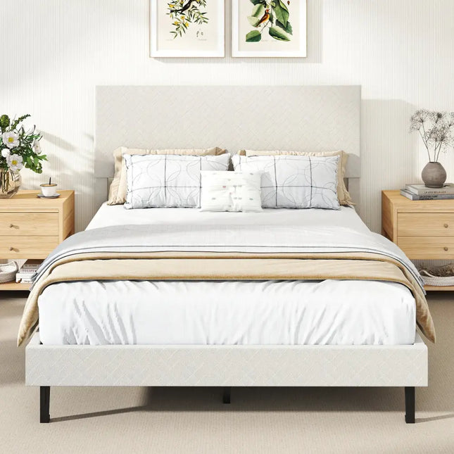 Twin/Full/Queen Size Velvet Bed Frame Upholstered Platform Bed with Chevron Headboard Beige-Full - Simple Bed Frame