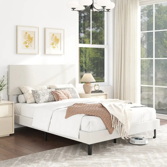 Twin/Full/Queen Size Velvet Bed Frame Upholstered Platform Bed with Chevron Headboard Beige-Full - Simple Bed Frame