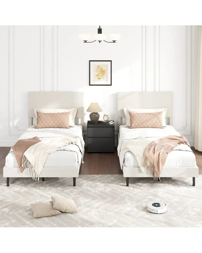 Twin/Full/Queen Size Velvet Bed Frame Upholstered Platform Bed with Chevron Headboard Beige-Twin - Simple Bed Frame