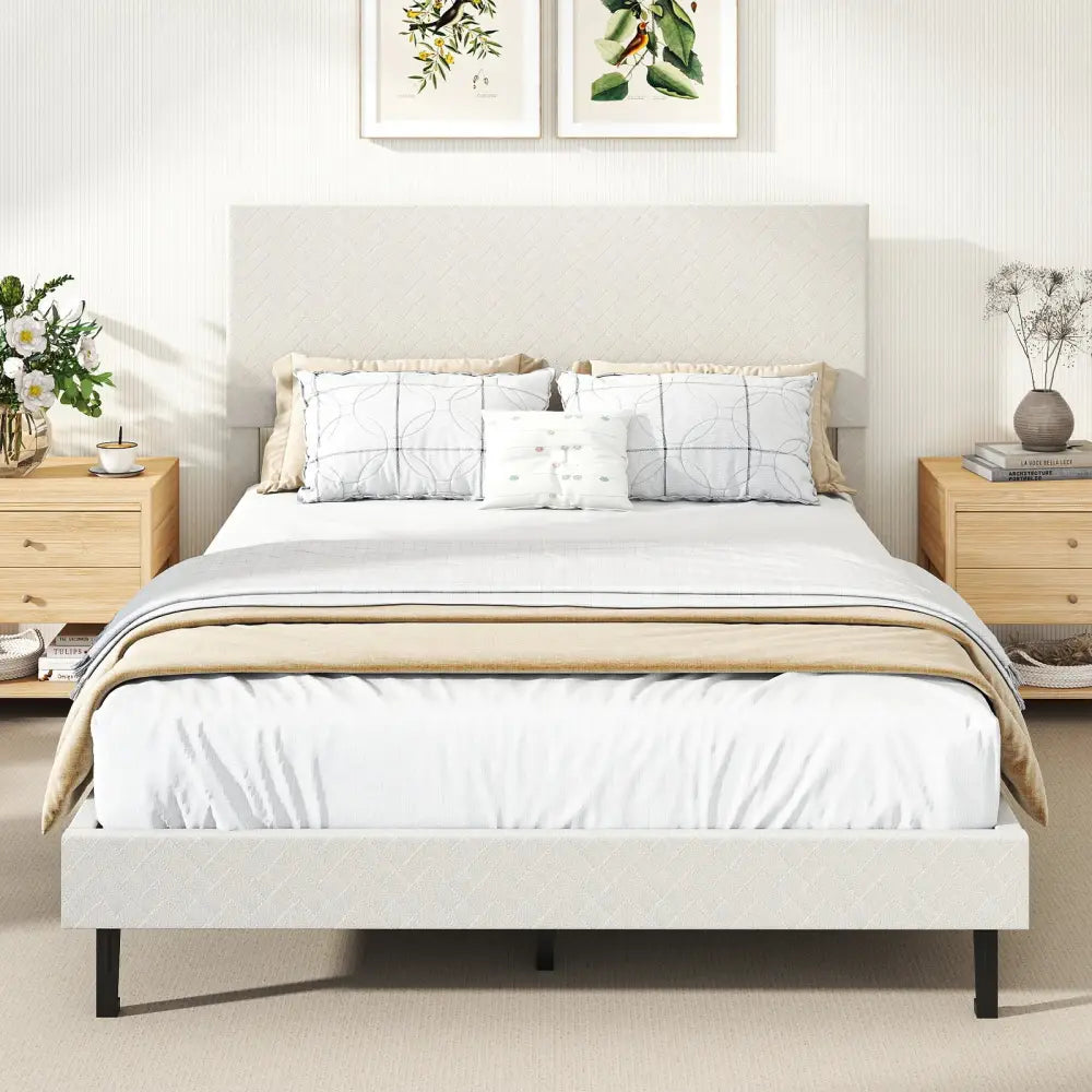 Twin/Full/Queen Size Velvet Bed Frame Upholstered Platform Bed with Chevron Headboard Beige-Full - Simple Bed Frame