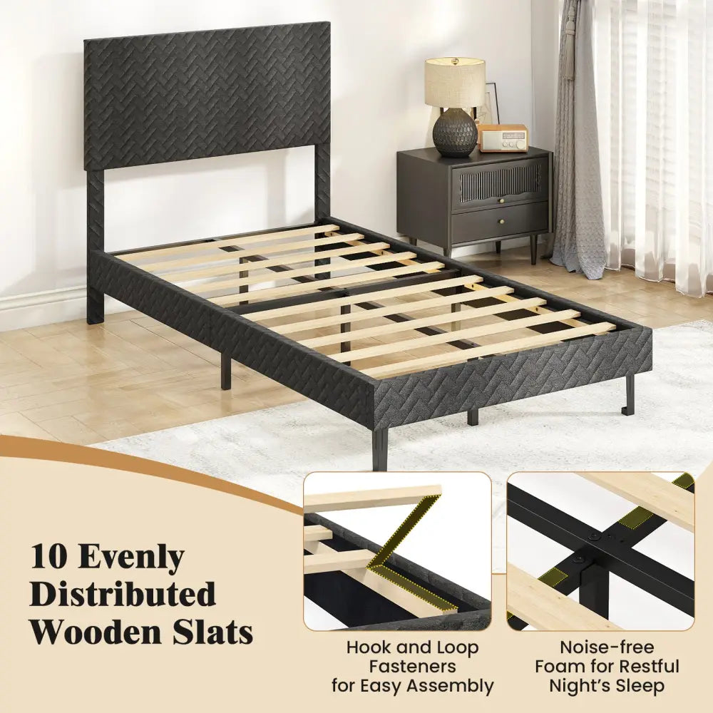 Twin/Full/Queen Size Velvet Bed Frame Upholstered Platform Bed with Chevron Headboard Gray-Twin - Simple Bed Frame