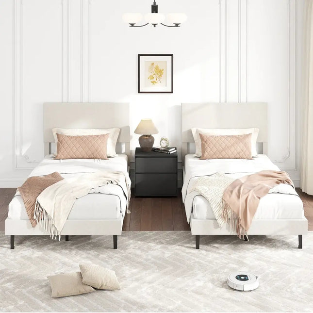 Twin/Full/Queen Size Velvet Bed Frame Upholstered Platform Bed with Chevron Headboard Beige-Twin - Simple Bed Frame