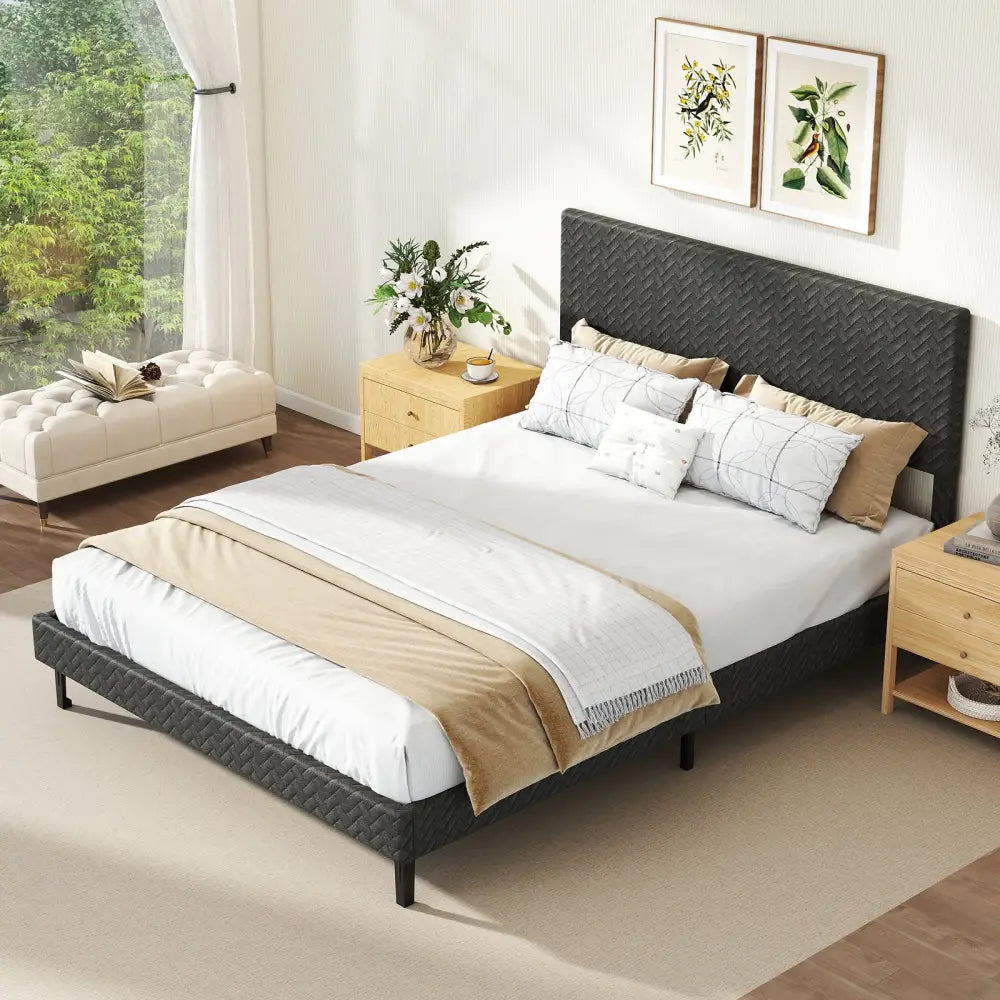 Twin/Full/Queen Size Velvet Bed Frame Upholstered Platform Bed with Chevron Headboard Gray-Queen - Simple Bed Frame
