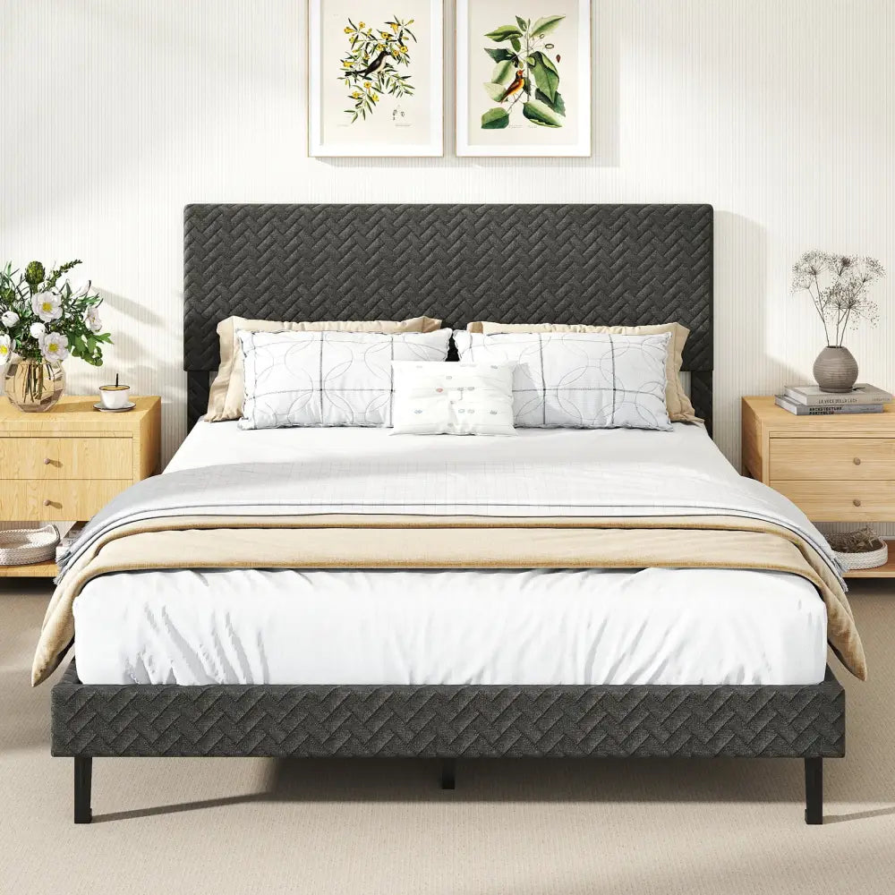 Twin/Full/Queen Size Velvet Bed Frame Upholstered Platform Bed with Chevron Headboard Gray-Queen - Simple Bed Frame