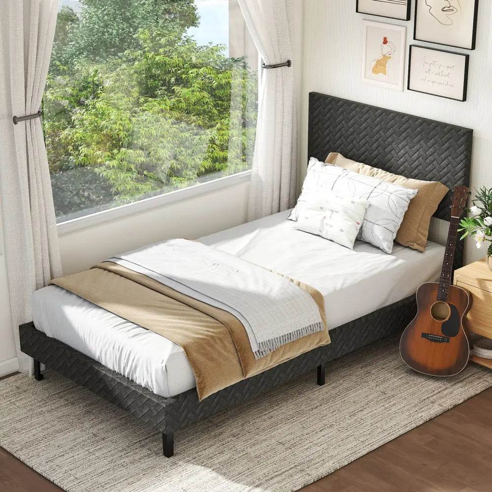 Twin/Full/Queen Size Velvet Bed Frame Upholstered Platform Bed with Chevron Headboard Gray-Twin - Simple Bed Frame