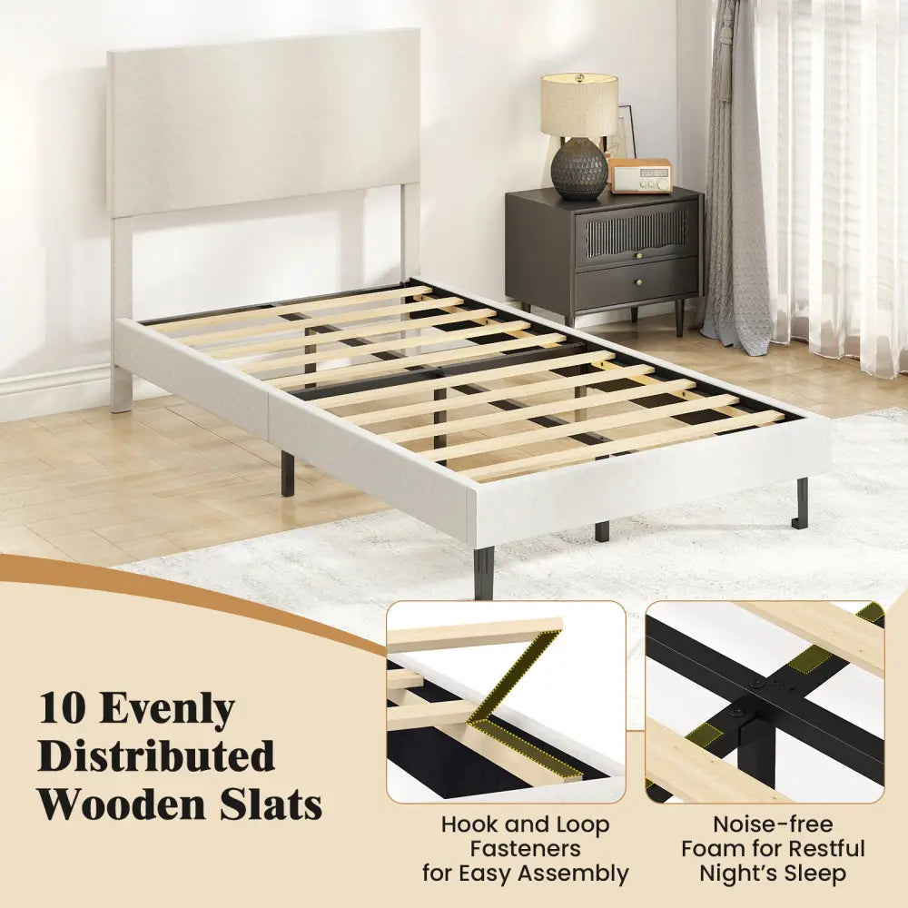 Twin/Full/Queen Size Velvet Bed Frame Upholstered Platform Bed with Chevron Headboard Beige-Twin - Simple Bed Frame
