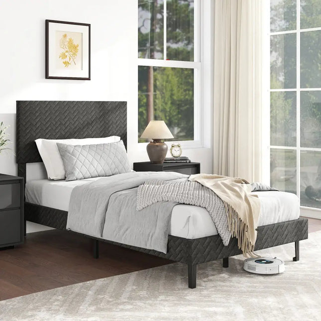 Twin/Full/Queen Size Velvet Bed Frame Upholstered Platform Bed with Chevron Headboard Gray-Twin - Simple Bed Frame