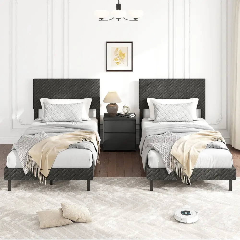 Twin/Full/Queen Size Velvet Bed Frame Upholstered Platform Bed with Chevron Headboard Gray-Twin - Simple Bed Frame