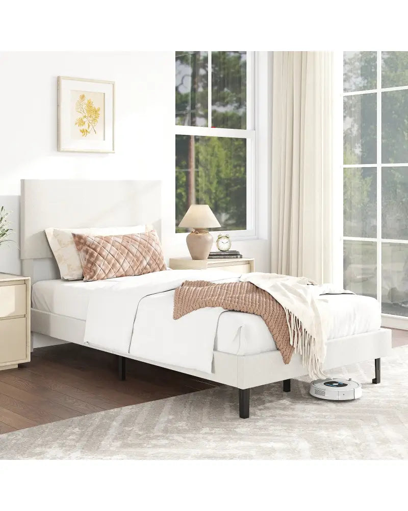 Twin/Full/Queen Size Velvet Bed Frame Upholstered Platform Bed with Chevron Headboard Beige-Twin - Simple Bed Frame