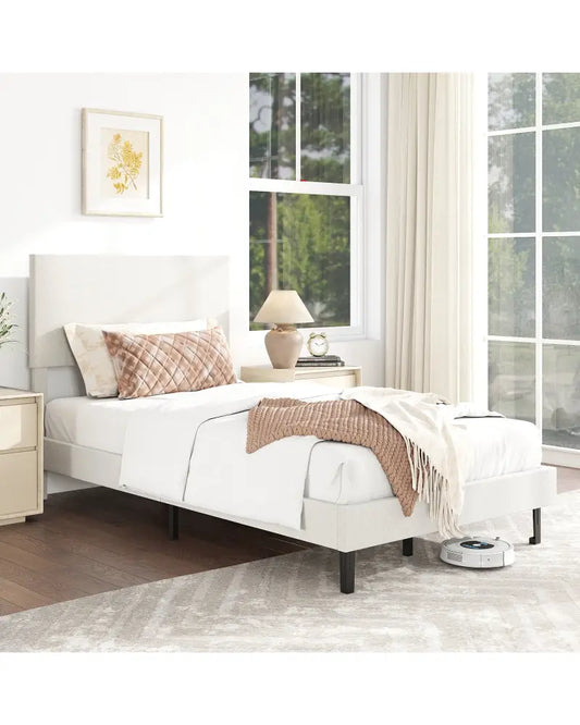 Twin/Full/Queen Size Velvet Bed Frame Upholstered Platform Bed with Chevron Headboard Beige-Twin - Simple Bed Frame