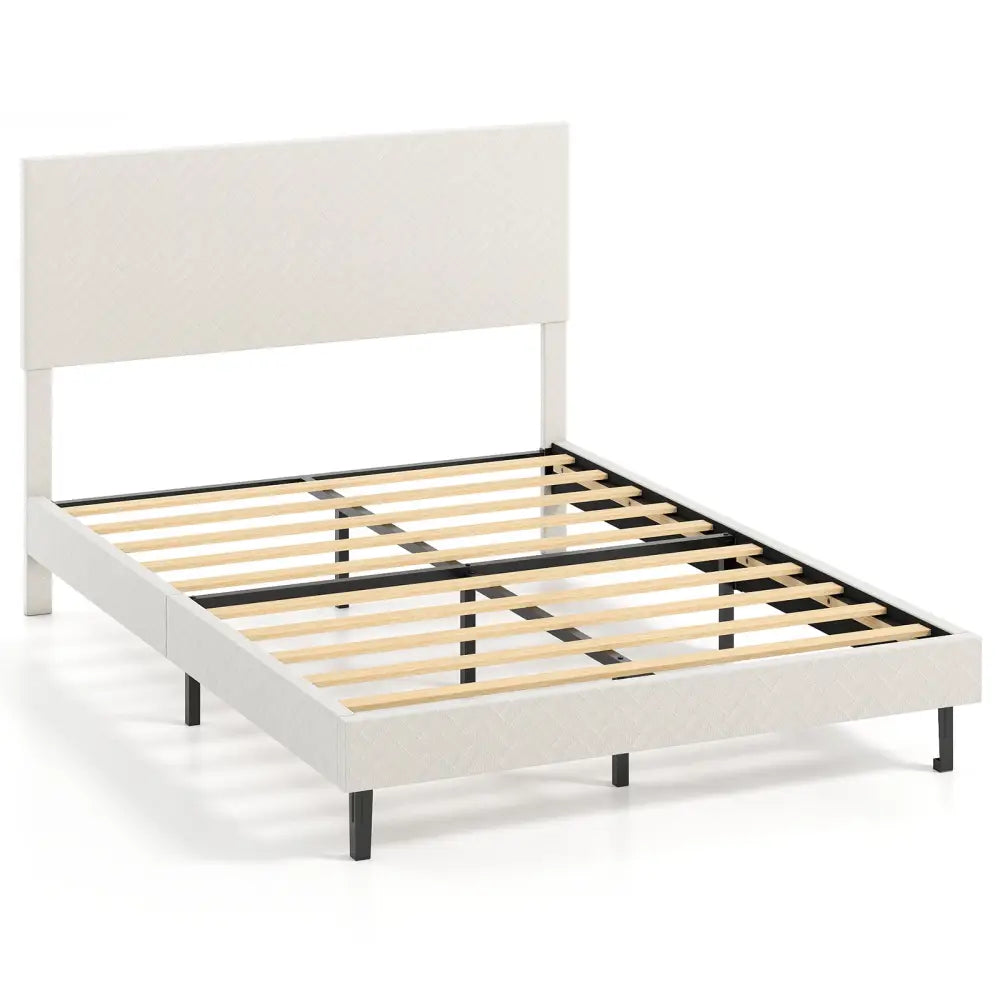 Twin/Full/Queen Size Velvet Bed Frame Upholstered Platform Bed with Chevron Headboard Beige-Full - Simple Bed Frame