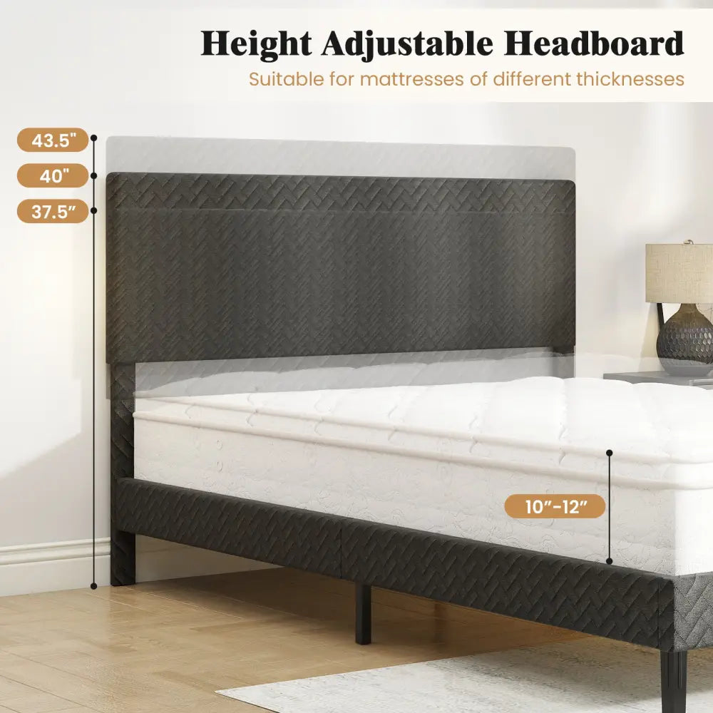Twin/Full/Queen Size Velvet Bed Frame Upholstered Platform Bed with Chevron Headboard Gray-Queen - Simple Bed Frame