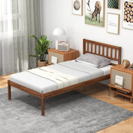 Twin/Full/Queen Size Wood Bed Frame with Headboard and Slat Support-Twin Size - Walnut - Simple Bed Frame