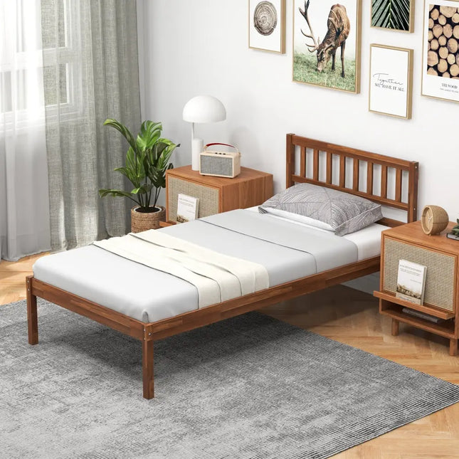 Twin/Full/Queen Size Wood Bed Frame with Headboard and Slat Support-Twin Size - Walnut - Simple Bed Frame