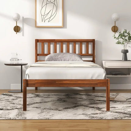 Twin/Full/Queen Size Wood Bed Frame with Headboard and Slat Support-Twin Size - Walnut - Simple Bed Frame
