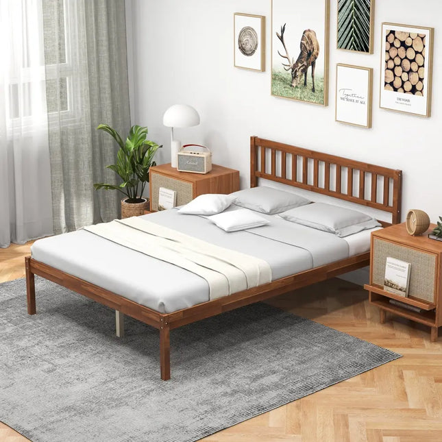 Twin/Full/Queen Size Wood Bed Frame with Headboard and Slat Support-Full Size - Walnut - Simple Bed Frame