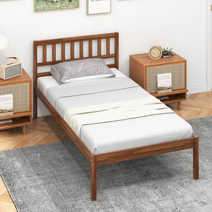 Twin/Full/Queen Size Wood Bed Frame with Headboard and Slat Support-Twin Size - Walnut - Simple Bed Frame