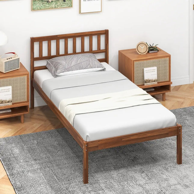 Twin/Full/Queen Size Wood Bed Frame with Headboard and Slat Support-Twin Size - Walnut - Simple Bed Frame