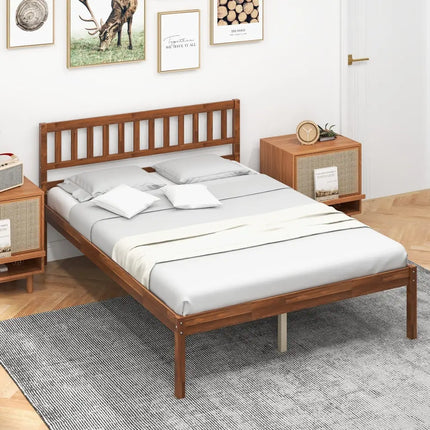Twin/Full/Queen Size Wood Bed Frame with Headboard and Slat Support-Full Size - Walnut - Simple Bed Frame