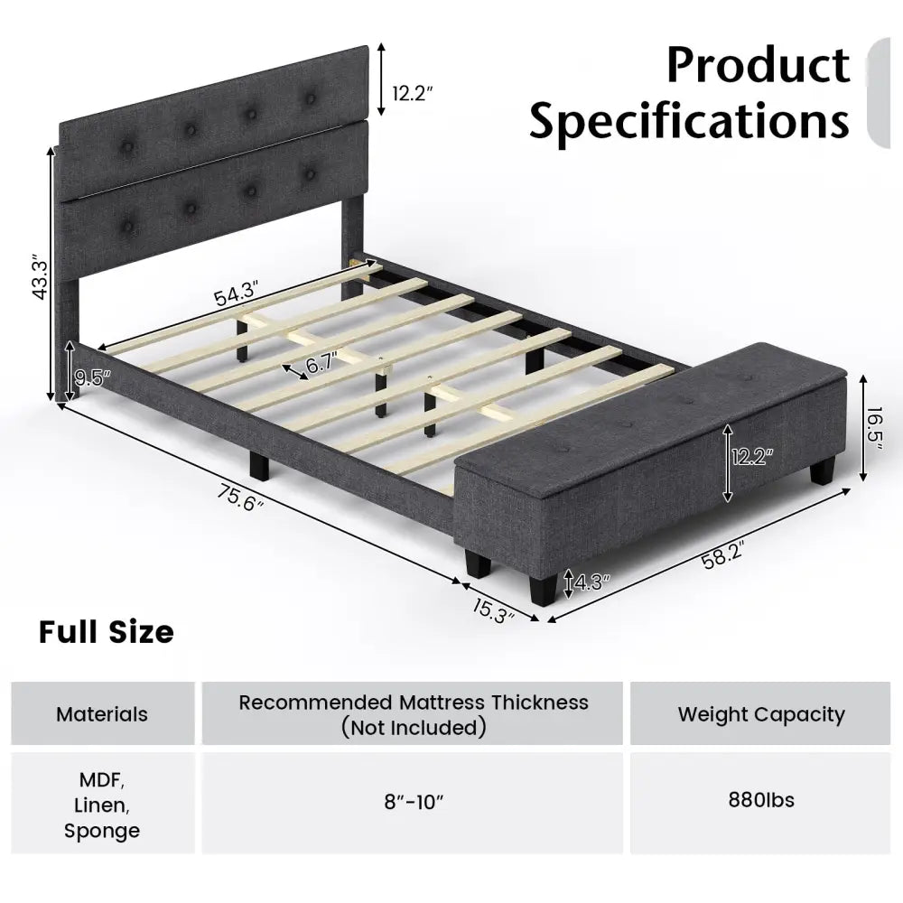 Twin/Full/Queen Upholstered Bed Frame with Ottoman Storage-Full Size - Gray - Simple Bed Frame