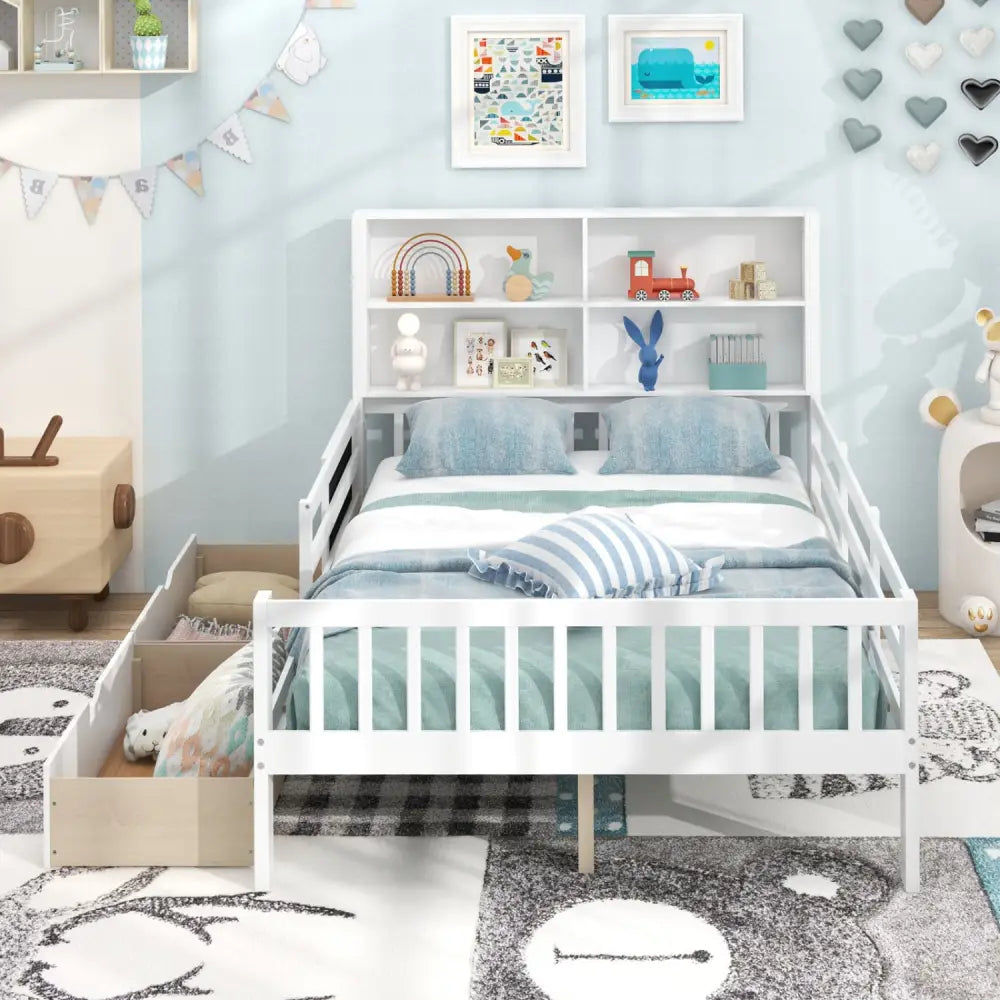 Twin/Full Size Bed Frame with 2 Drawers and Bookcase for Boys and Girls-Full Size - White - Toddler Beds