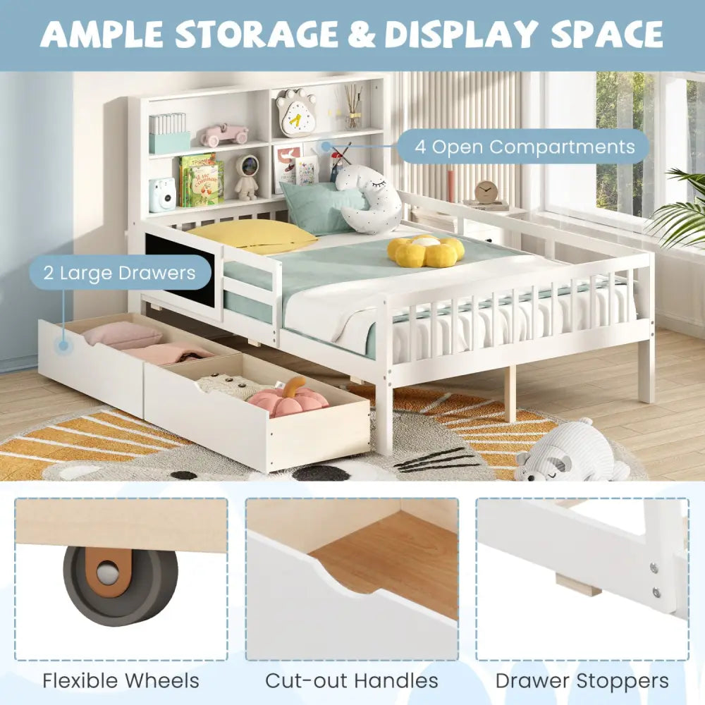 Twin/Full Size Bed Frame with 2 Drawers and Bookcase for Boys and Girls-Full Size - White - Toddler Beds