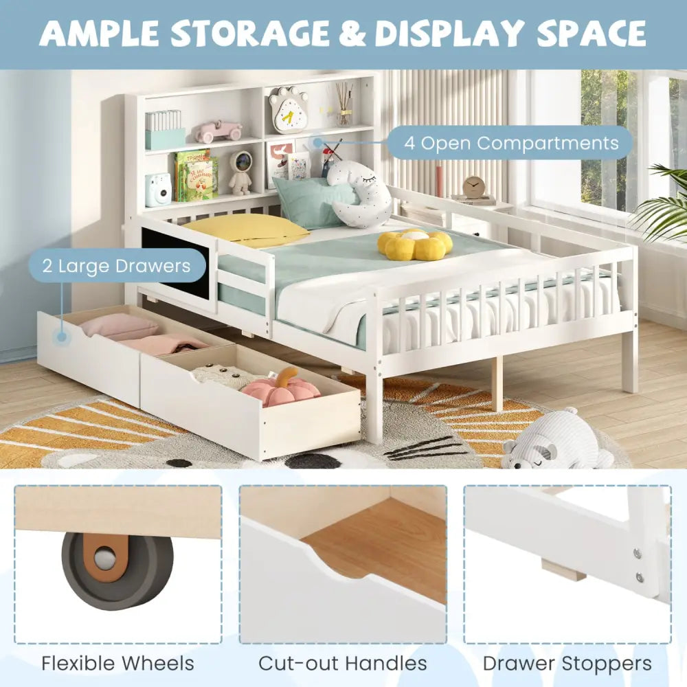 Twin/Full Size Bed Frame with 2 Drawers and Bookcase for Boys and Girls-Full Size - White - Toddler Beds